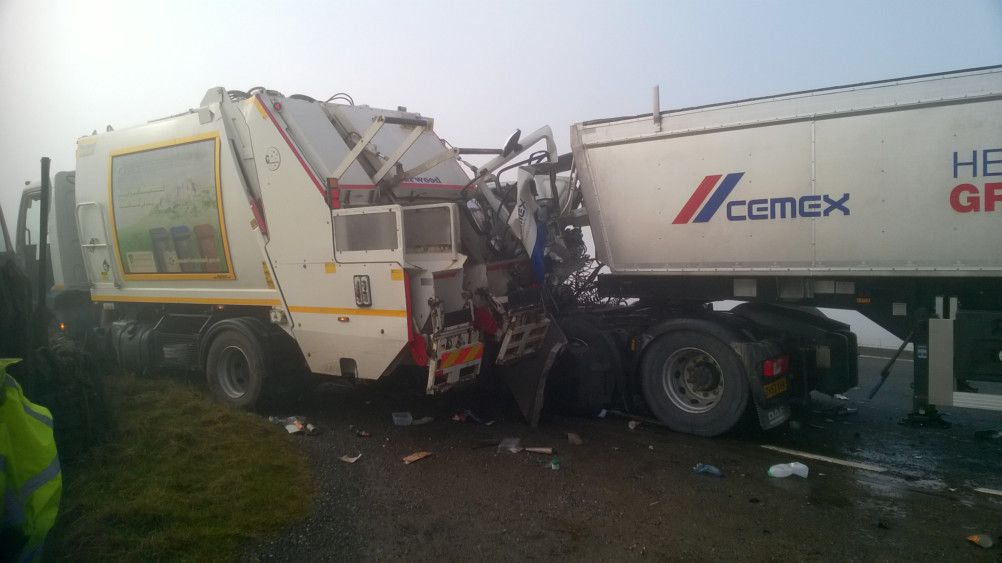 VIDEO Road closed after two lorries crash in the fog on A53